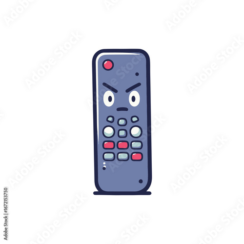 Cartoon-style remote control with a frowning face, set against a minimalistic background