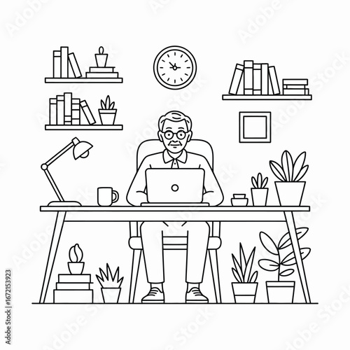 Man working on a laptop at a desk in a room with bookshelves and plants