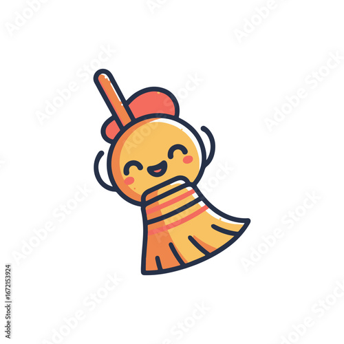 Cheerful cartoon broom character with a smiling face, sweeping joyfully in a bright environment