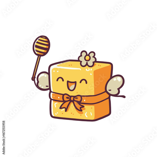 Cheerful cartoon character resembling a block of butter holding a honey dipper with balloons