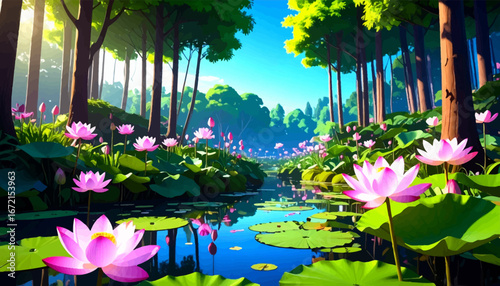 Scenic View of Pink Lotus Pond and Trees. Calm and Peaceful Lotus Pond in Forest. Bright Lotus Pond in Tranquil Forest. Serene Water Lilies in Calm Water. Gorgeous Lotus Flowers in Nature Scene