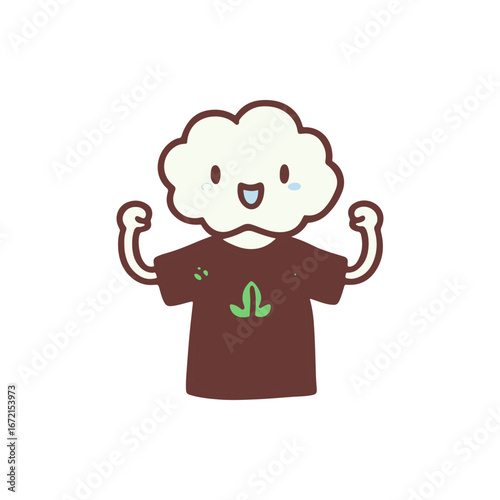 Cheerful cartoon character with a cloud head flexing muscles while wearing a brown shirt, symbolizing positivity
