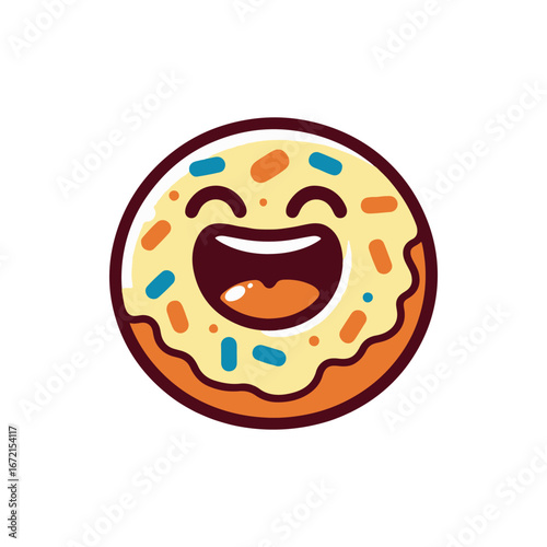 Cheerful cartoon donut with sprinkles, smiling widely, set against a plain background, ideal for food-related designs