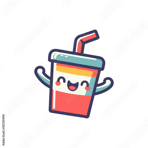 Cheerful cartoon drink cup with a straw, joyfully waving its arms in a simple background