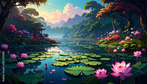 Calm Water Lilies in Lush Greenery. Quiet Lotus Pond with Beautiful Blossoms. Peaceful Lotus Pond at Daybreak. Colorful Lotus Blossoms in Calm Pond. Lotus Flowers with Tranquil Forest Backdrop