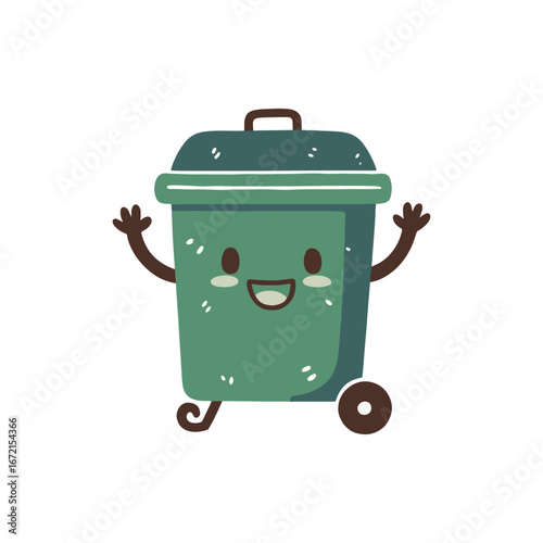 Cheerful cartoon trash bin character with arms and a smiling face, set against a simple background