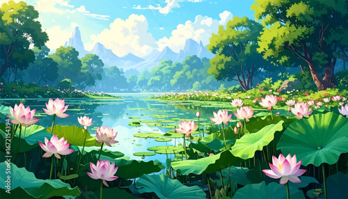 Calm lake with bright lotus blossoms. Vibrant nature with blooming lotuses. Serene water lilies in lush setting. Majestic nature with lotus flowers. Dreamy pond with lotus flowers