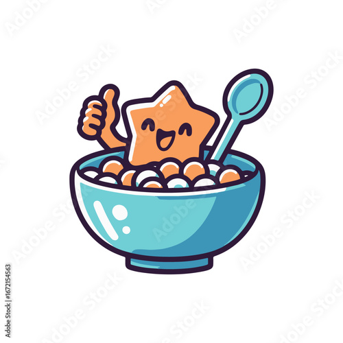 Cheerful star-shaped character enjoying a bowl of colorful cereal with a spoon, bright background