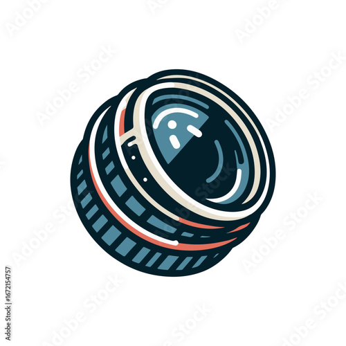 Close-up of a camera lens showcasing intricate design and reflective glass, set against a minimal background