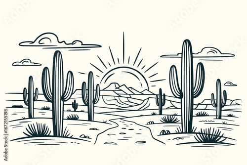 Black and White Vintage Western Desert Illustration with Saguaro Cacti, Mesas, Sun, Clouds, Rocks, Sketchy Ink Hand-Drawn Style
