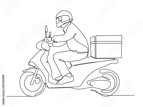 Continuous line art  of Delivery Man Ride Scooter Motorcycle, vector illustration.