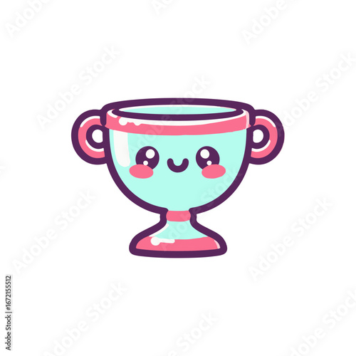 Cute cartoon trophy with smiling face and rosy cheeks, set against a plain background