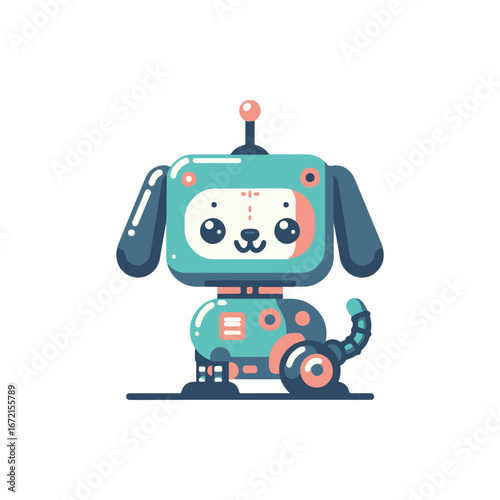 Cute robotic dog character with a friendly expression, standing on a white background, ideal for children's media