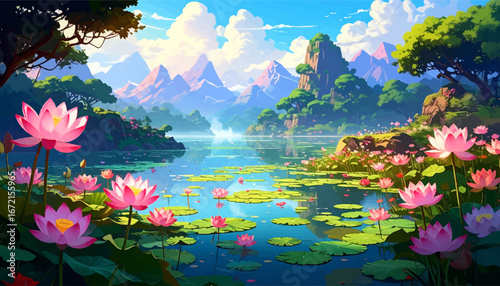 Calm waters with lotus, mountain. Lotus flowers in serene garden landscape. Nature's beauty with lotus flowers and hills. Tranquil pond surrounded by lush nature. Lotus-filled pond with mountain view