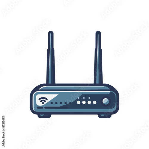 Modern wireless router with dual antennas, set against a minimalist background for tech use