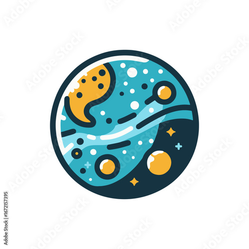 Colorful illustration of a stylized planet with swirling patterns and celestial bodies