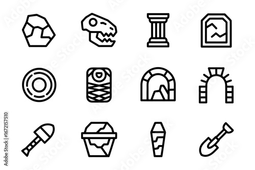 Archeology and Paleontology Icons Depicting Excavation Tools, Ancient Remains, and Fossils for Discovery