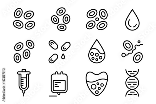 Collection of Blood Related Icons Depicting Blood Cells, Blood Donation and Blood Analysis