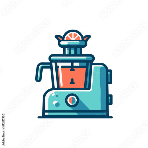 Colorful juice blender preparing fresh citrus juice in a vibrant kitchen setting