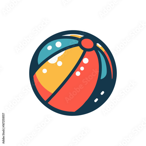 Vibrant beach ball with bright colors, resting on a sandy shore under a clear blue sky