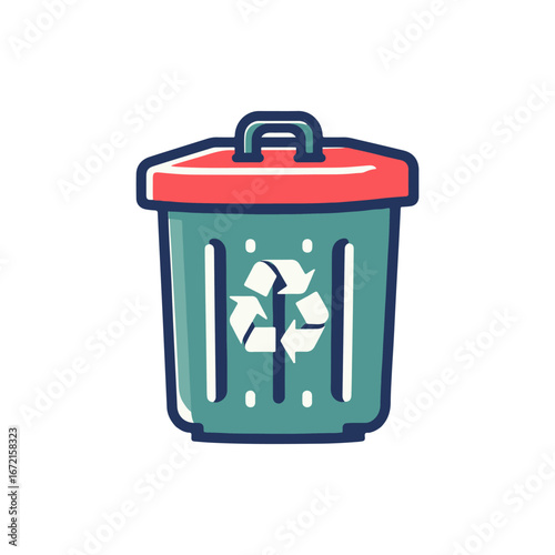 Colorful recycling bin with a red lid, showcasing sustainability in an urban setting
