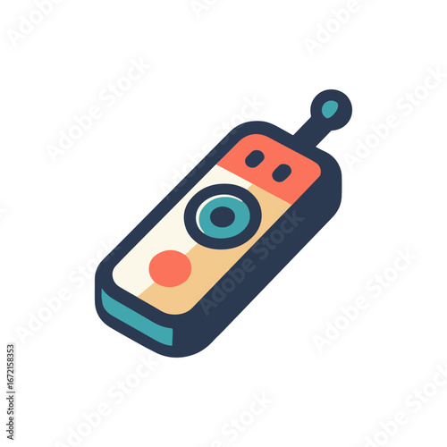 Colorful remote control device with a circular button, set against a minimalistic background