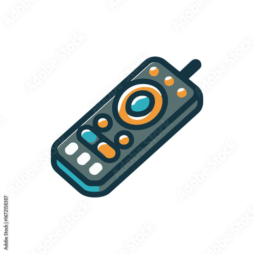 Colorful remote control with buttons, set against a clean white background, ideal for tech-related use