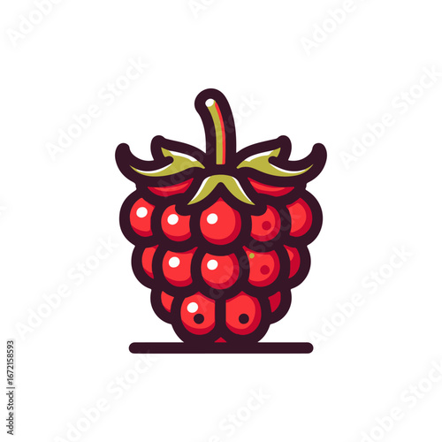 Vibrant red raspberry with green leaves, isolated on a white background, ideal for food-related designs