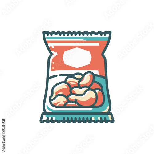 Colorful snack packaging featuring cashews with a plain background, ideal for food photography
