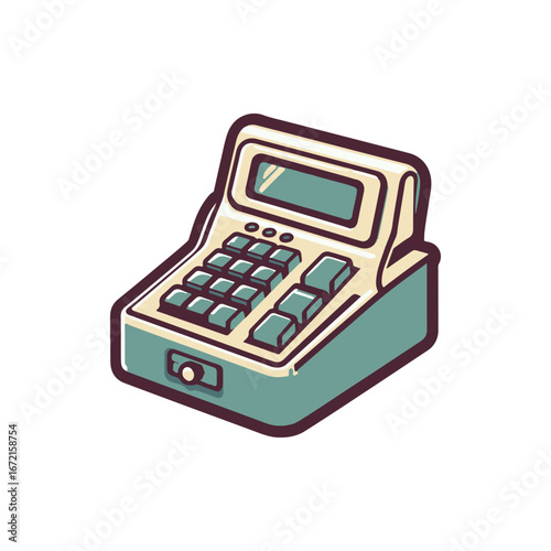 Vintage cash register with colorful buttons and a digital display, set against a neutral background