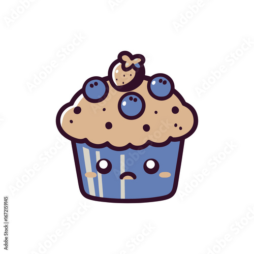 Cute cartoon blueberry muffin with a sad expression, featuring blueberries on top, isolated