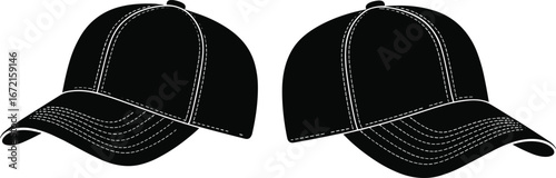 Black baseball caps, white stitching, curved brim, symmetrical design, fashion accessory, sportswear, headwear, casual style, trendy, unisex, outdoor gear, streetwear, modern look, fabric texture