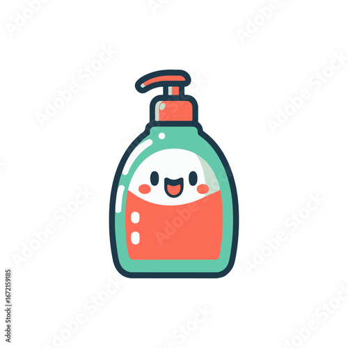 Cute cartoon bottle of liquid soap with a smiling face, set against a simple white background