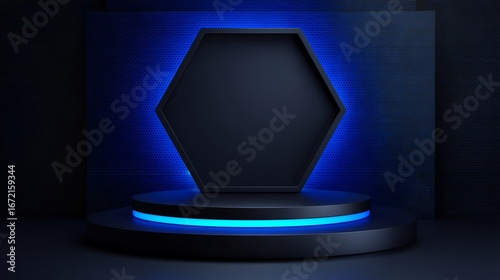 Abstract Rendering of a Modern Podium with Geometric Shapes and Glowing Blue Lighting for Display.