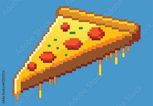 Pixel Art. Pizza. 8-Bit. A retro vector icon of a pixelated pizza slice with pepperoni and melted cheese for a video game asset, a pizzeria menu, or a nostalgic 80s-themed design.