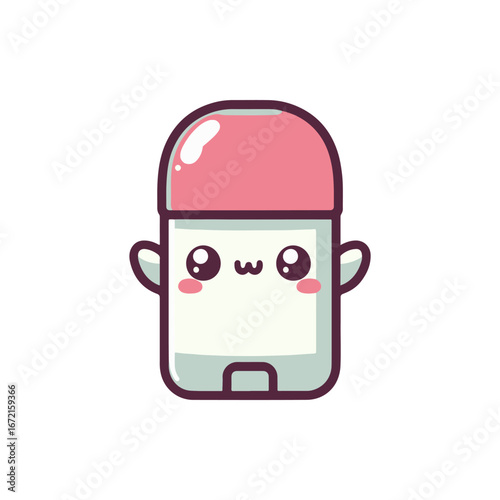 Cute cartoon character of a smiling eraser with arms, set against a plain white background