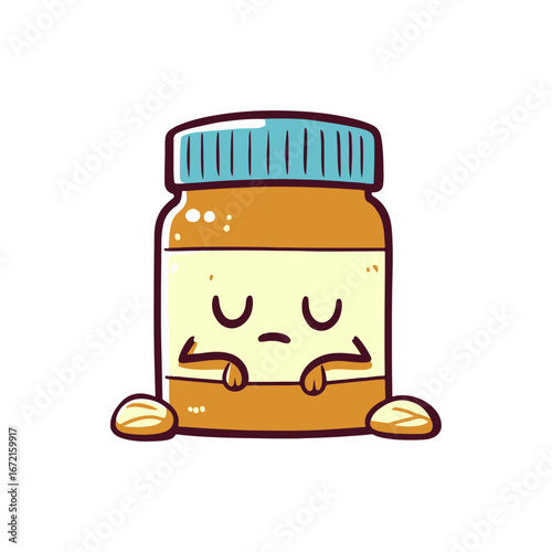 Cute cartoon peanut butter jar with a serene expression, resting on a white background
