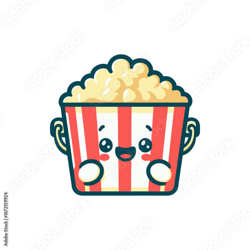 Cute cartoon popcorn bucket with smiling face, showcasing joy and fun for movie nights