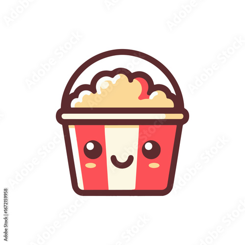 Cute cartoon popcorn bucket with a smiling face, ideal for food-themed designs and cinema promotions