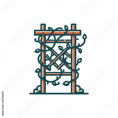 Decorative garden trellis entwined with vines and leaves, set against a plain background