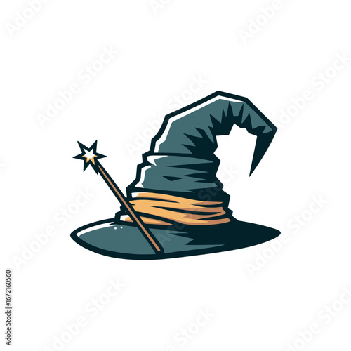 Enchanted wizard hat with a magical wand, set against a whimsical fantasy background