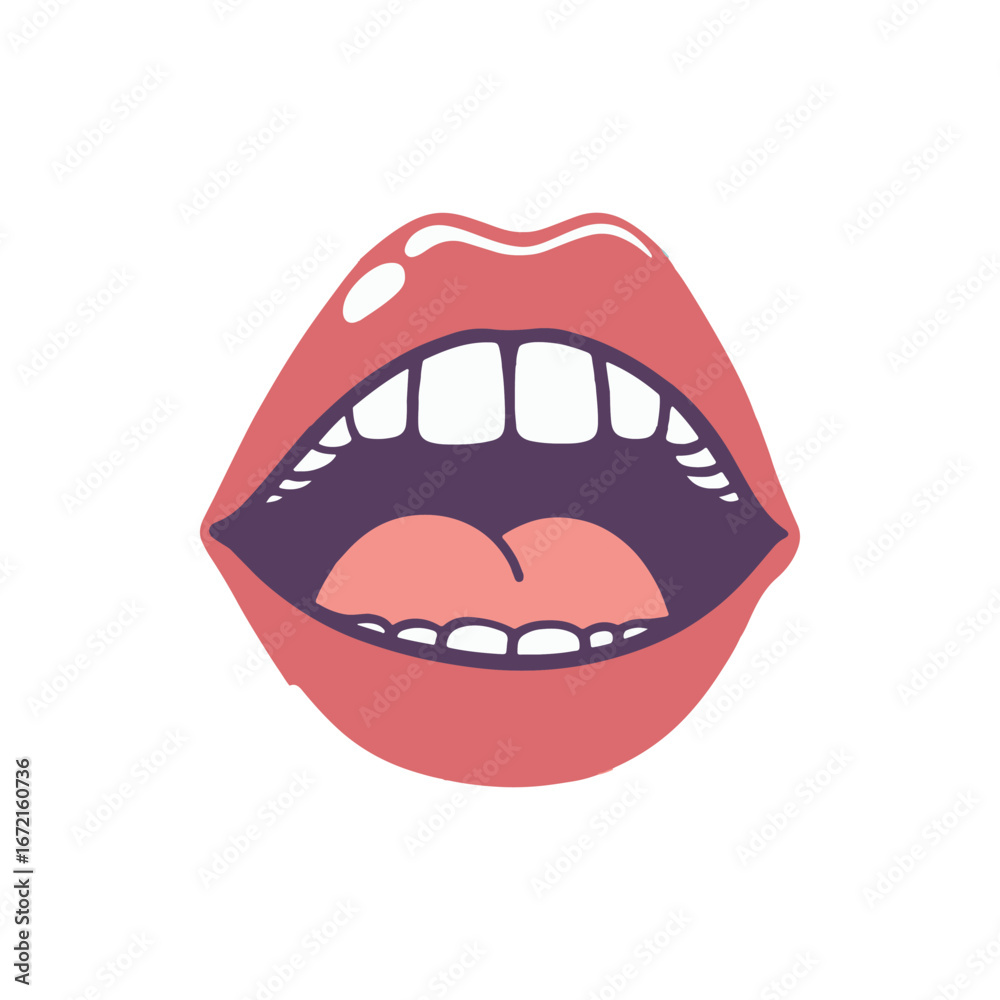 Naklejka premium Illustrated open mouth with visible teeth and tongue, set against a plain background, ideal for educational use