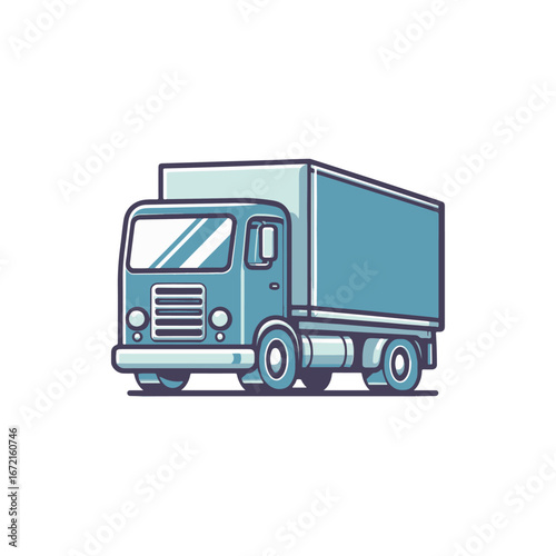 Illustration of a blue delivery truck parked on a street with a clear sky in the background