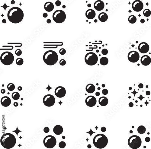 Black vector icons of bubbles and sparkling effects on white background sparkle shine