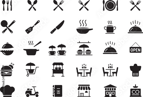 Collection of black restaurant and food service icons on white background vector