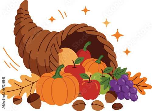 Autumn Harvest Cornucopia Illustration with Fruits Vegetables and Nuts