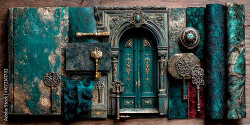 A green door with gold trim is surrounded by various keys and other decorative elements. Scene is one of nostalgia and whimsy, as the keys and other objects evoke a sense of old-fashioned charm