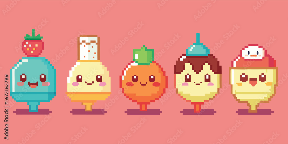 Naklejka premium Pixel Art. Kawaii. Dessert. A cute 8-bit vector set of five happy dessert and candy characters for a retro video game, a social media sticker, or a fun children's t-shirt design.