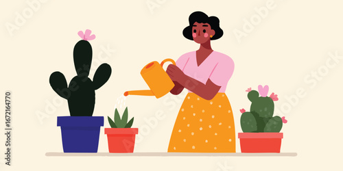 A vibrant illustration showing a person tending to their indoor garden of succulent plants. A celebration of the simple joy and satisfaction found in cultivating life.