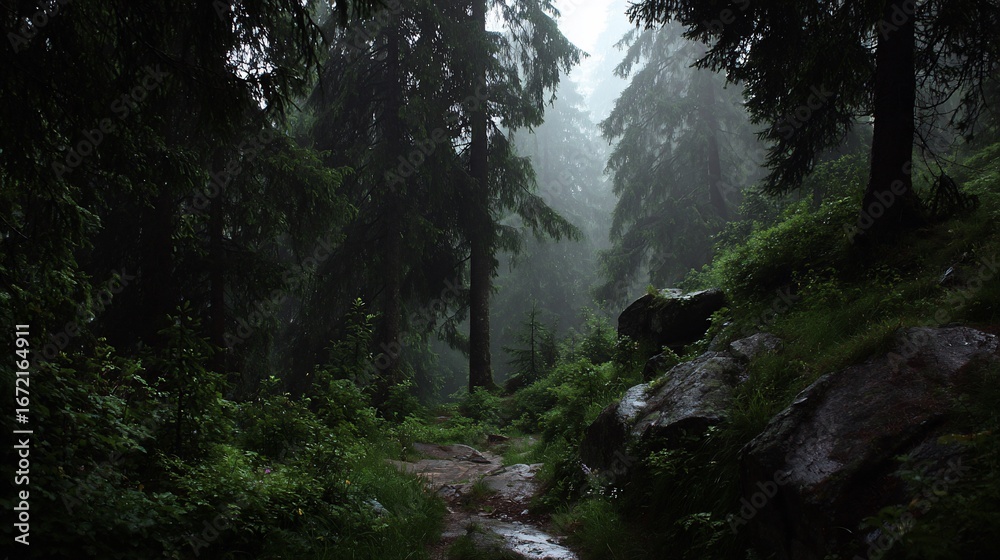 Fototapeta premium Gloomy path through verdant forest, misty atmosphere, and large rocks